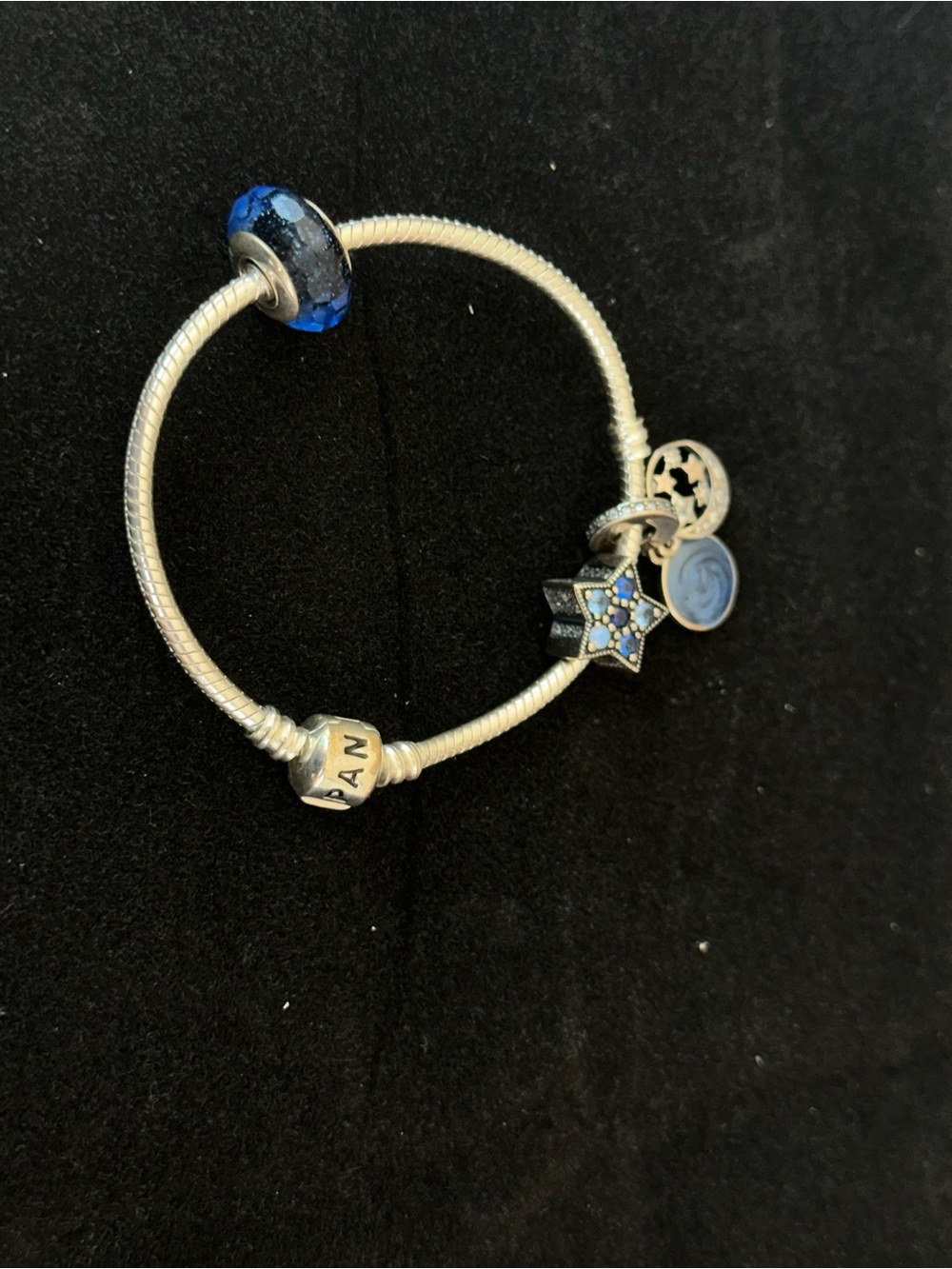Pandora Silver Charm Bracelet with Blue Star & Glass Bead